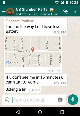 WhatsApp screen cap showing texts from Eleonora saying that she's almost home, but that her cell phone, and hence her Google map, is low on battery