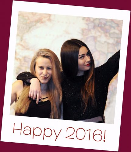 a "polaroid" photo of Maya and Mia with "Happy 2016" written on the white border