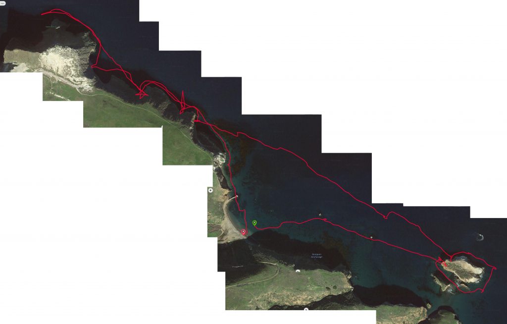 Detailed map of kayak path around the eastern end of Santa Cruz Island, Channel Islands National Park, Santa Barbara Channel, California