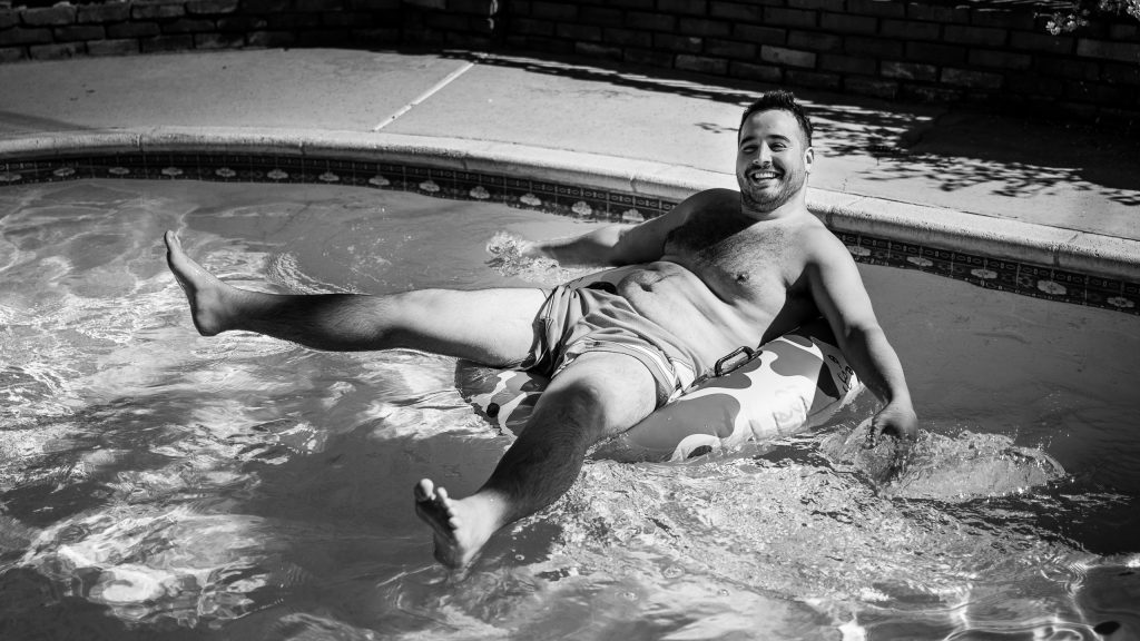 Robert goes for a swim at the Tikiwood aquatic center