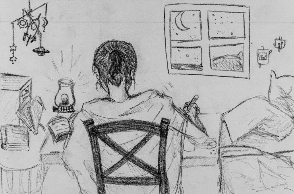 Pencil sketch of Art 110 sage Rhonda working at her desk with a lamp on the corner of the desk and the moon out her window