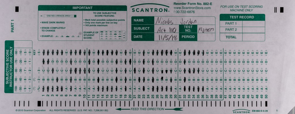 The front of Nicolas Jordan's Scantron Midterm featuring the word "Sponge" bubbled in on the Scantron Grid. Not pictured is the back of the form which features the word "Bob" and a scantron-grid-bubbled Sponge Bob character drawing