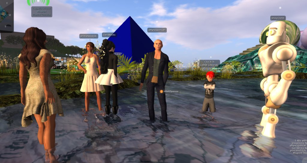 avatars standing in shallow water in front of a large Blue Pyramid, the unofficial architectural logo of CSULB
