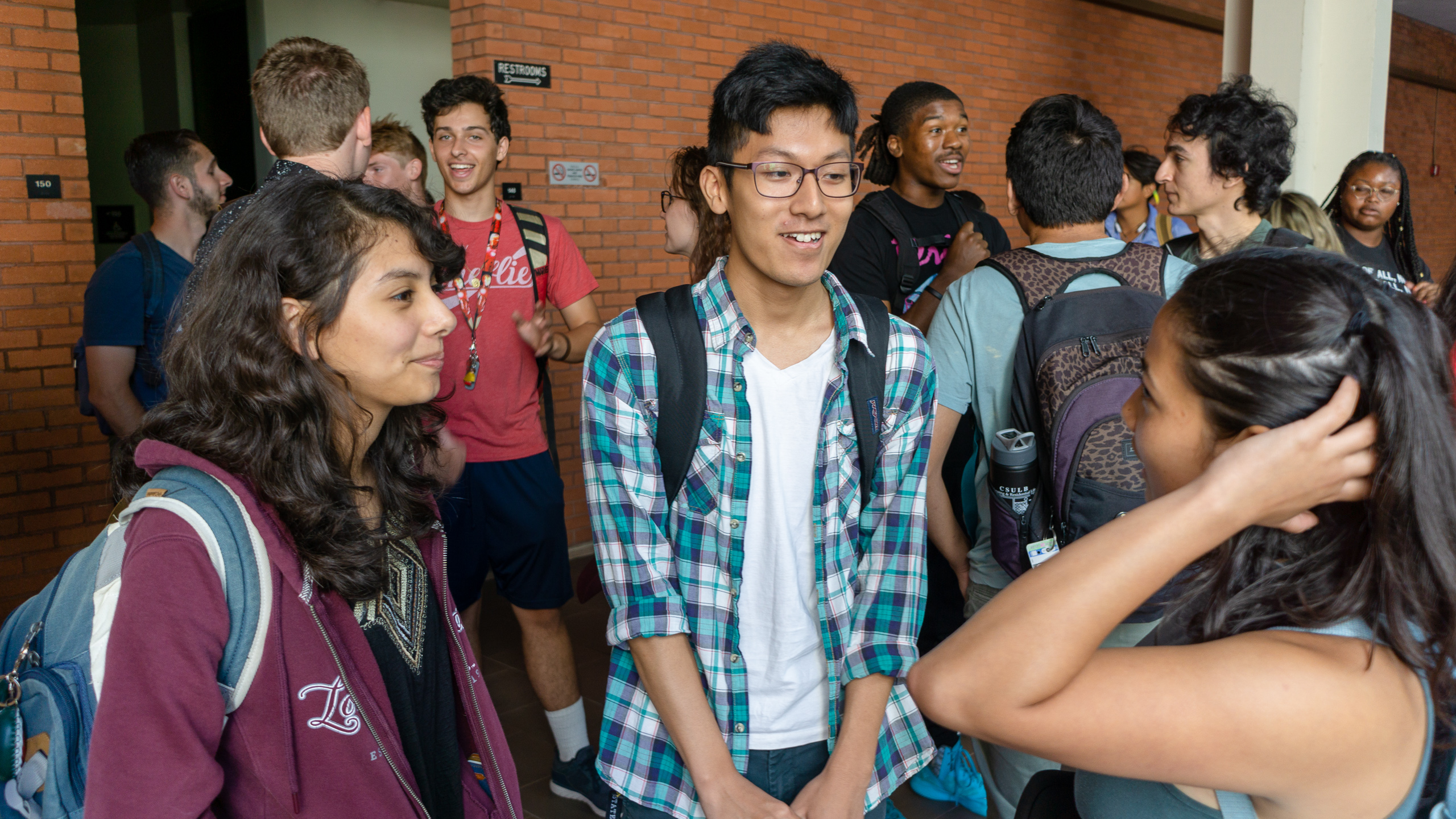 Students in conversation on the 1st day of class, Fall Semester 2018. Art 110, Introduction to the Visual Arts at Long Beach State University