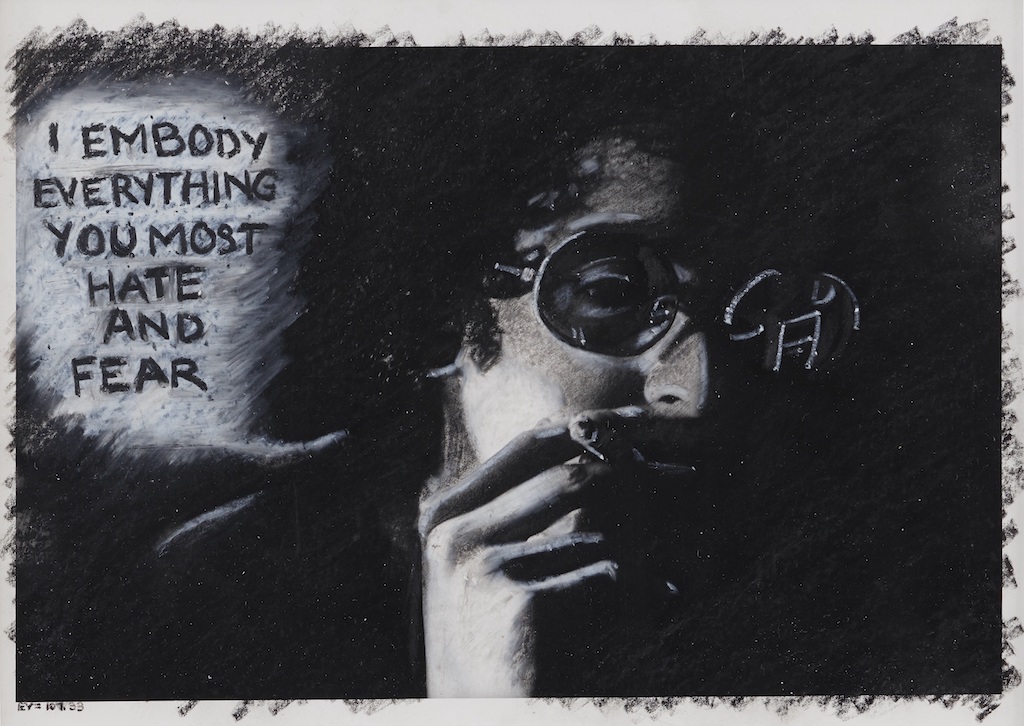 artwork by Adrian Piper featuring a dark figure with a speech bubble stating, I embody everything you most hate and fear.