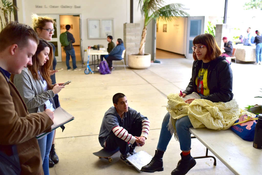 Vanessa Olivarez discussing her work with Art 110 students on a cold 22 March 2017