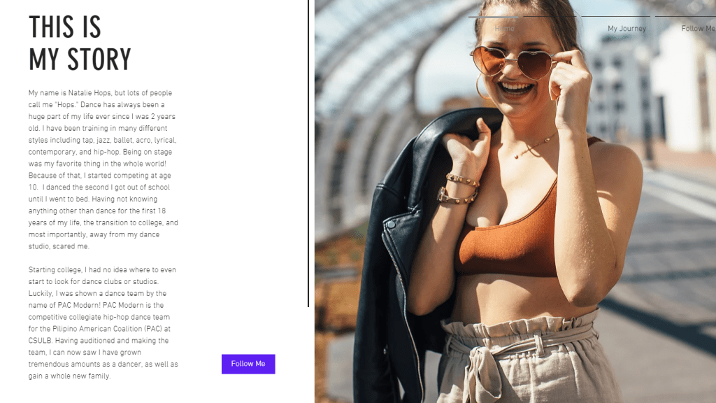 eportfolio website home page for Natalie "Hops" Hops, hip hop dancer