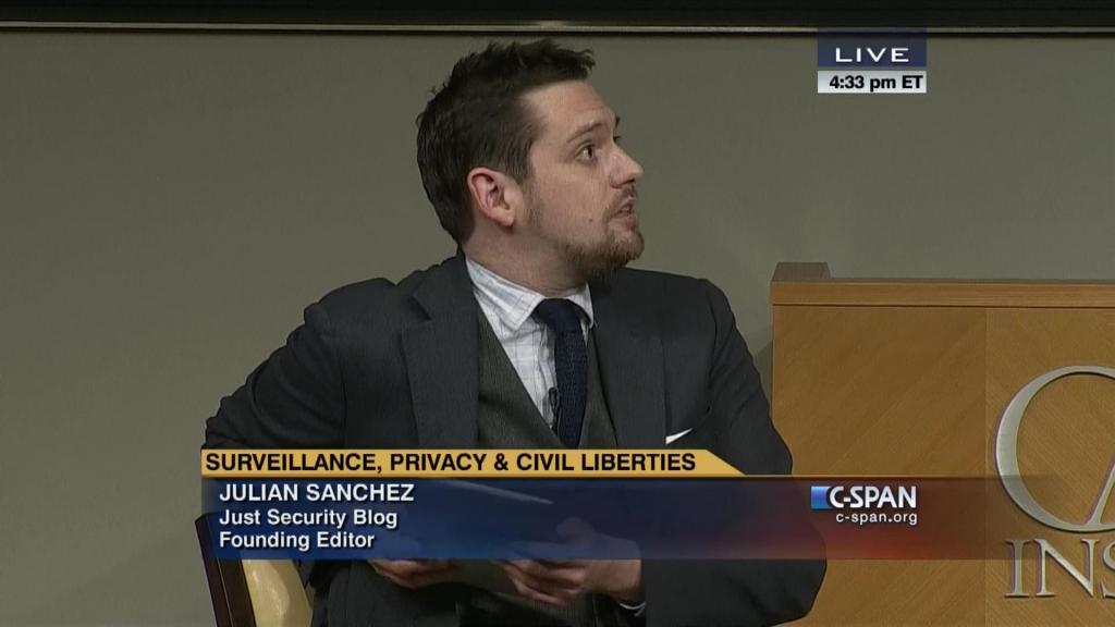 screen capture of Julian Sanchez of the CATO institute giving a television interview