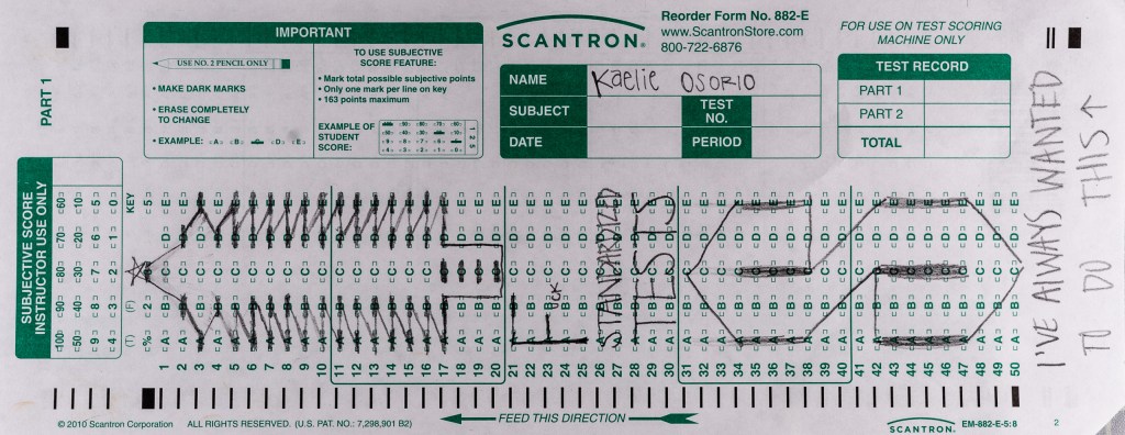 dancer Kaelie Osorio's scantron midterm. On a Scantron 882-E form Osorio draws a tree and a large, "S" and then writes at the bottom, "I've always wanted to do this"