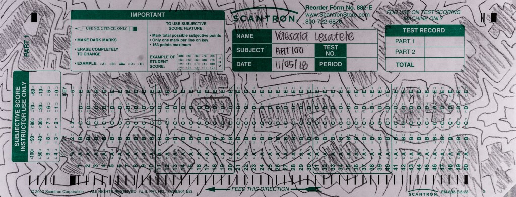 Vaesala Lesatele's scantron midterm. Here, Vaesala Lesatele has drawn over the entire length of a Scantron 882-E form. Her drawing resembles a topographic map or a geographic chart of elevation or hydration, but in fact the drawing is the symbols "A+" drawn over and over and shaded in with #2 pencil