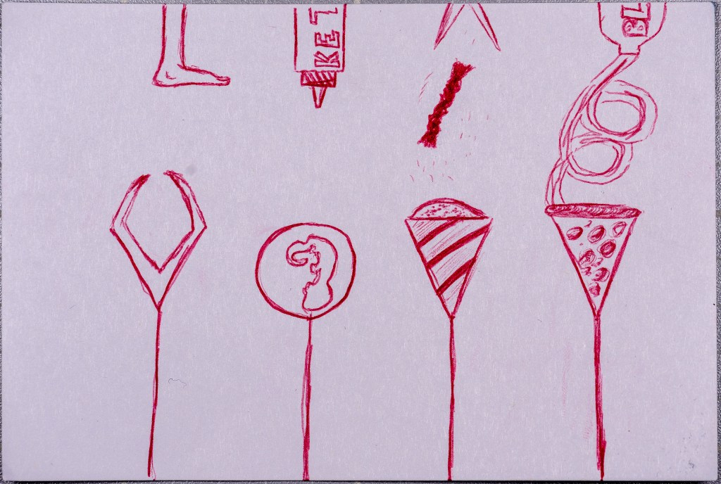 drawing of different items in balloons and floating from strings. Drawing in red ballpoint pen