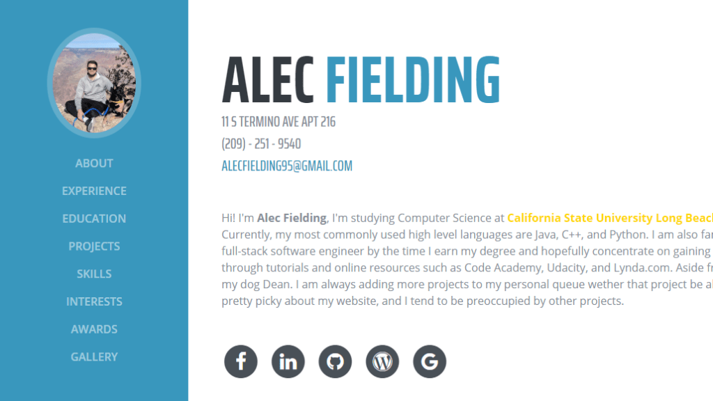 screen capture of Alec Fielding's eportfolio website home page