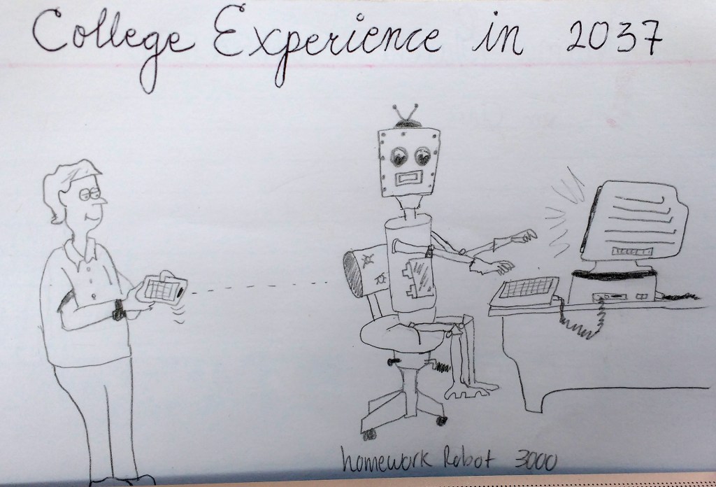 pencil drawing of a person using a remote control to instruct a robot to do homework on a computer