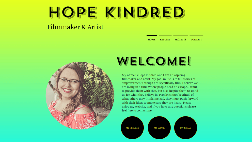 screen cap of Hope Kindred, filmmaker & artist's home page