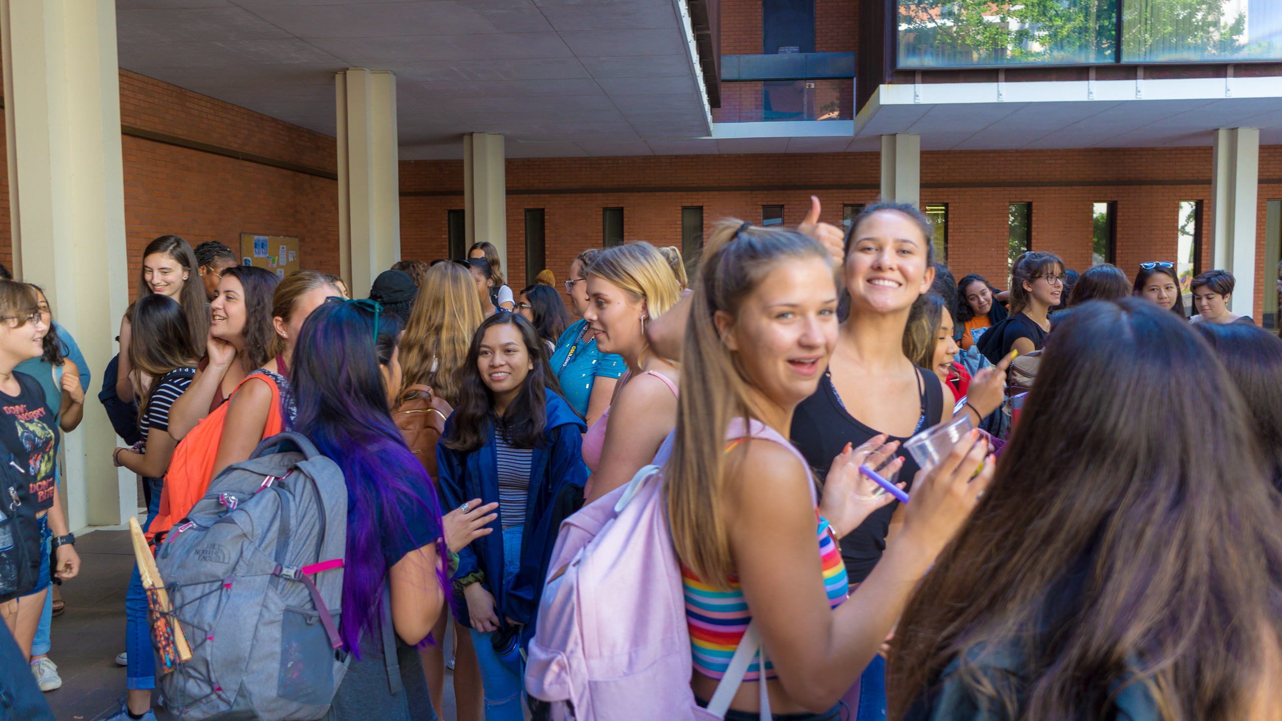 CSULB students in conversation in the Psychology Courtyard on the 1st day of Art 110, Introduction to the visual arts at Long Beach State University