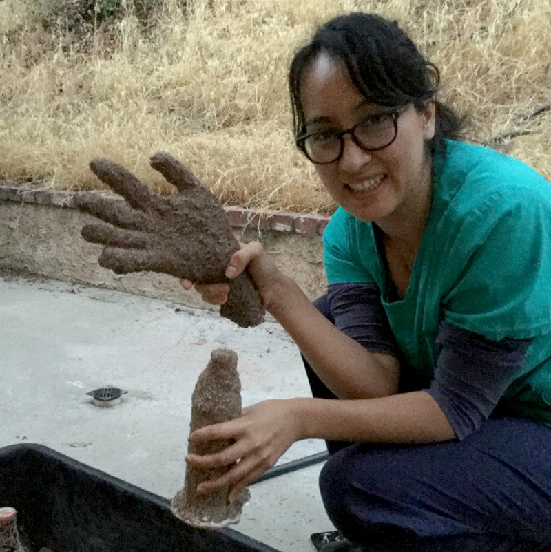 Patricia holding 2 plaster castings - one of her hand, and the other of a plastic water bottle