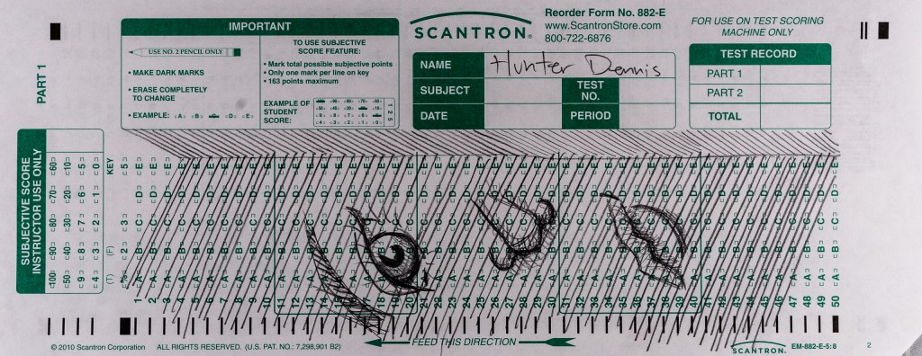 Hunter Dennis' Scantron Midterm featuring a grid of lines and detalis of an eye, nose, and mouth