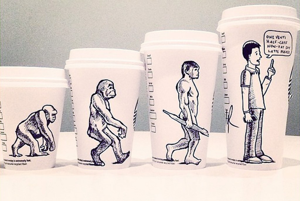Starbucks cups in 4 different sizes and on each cup is an "ascent of man" illustration from primates on all 4's, to walking upright. In the last frame, the upright human orders a coffee
