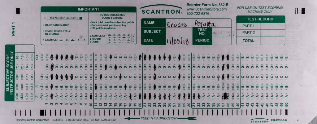 Scantron 882-E Midterm exam by Erasto Peralta. In this midterm/artwork Peralta has used the grid of the scantron form to bubble in the word "FAIL!"