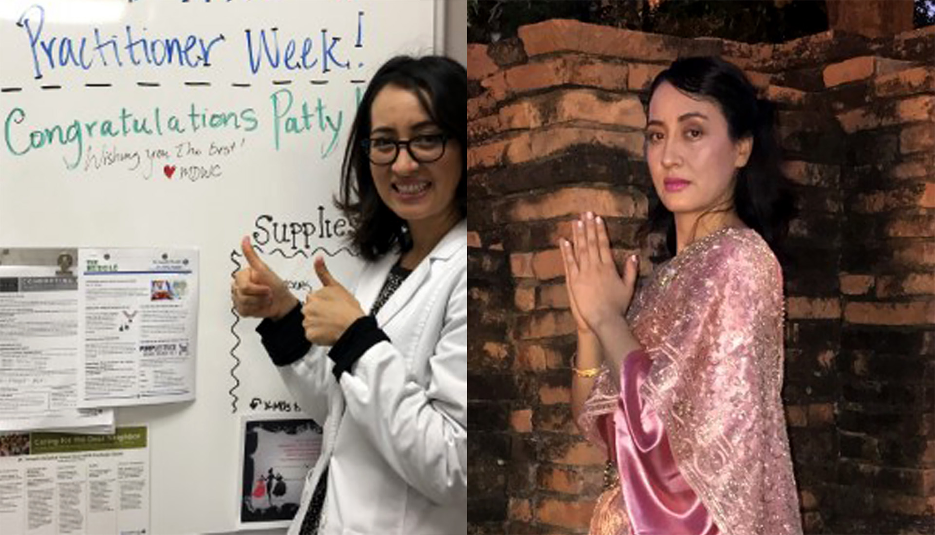 Patty the Nurse, and Patty wearing a traditional Thai dress at a temple in Thailand.