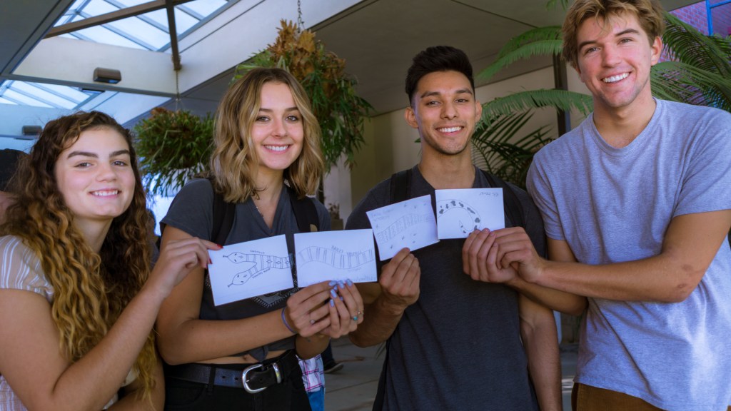 four students standing in the Long Beach State University, School of Art, Art Gallery Courtyard and holding 4x6 index cards on which each has drawn a part of a snake so that together the cards make one long snake illustration