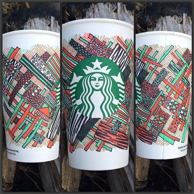 an illustration of textured grids that spans across 3 Starbucks cups