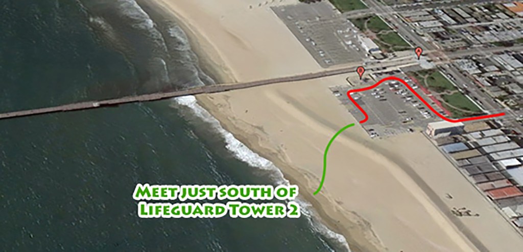 Aerial view of Seal Beach Pier with directions to parking and Life Guard Tower 2 where Art110 meets for Plaster Casting Activity